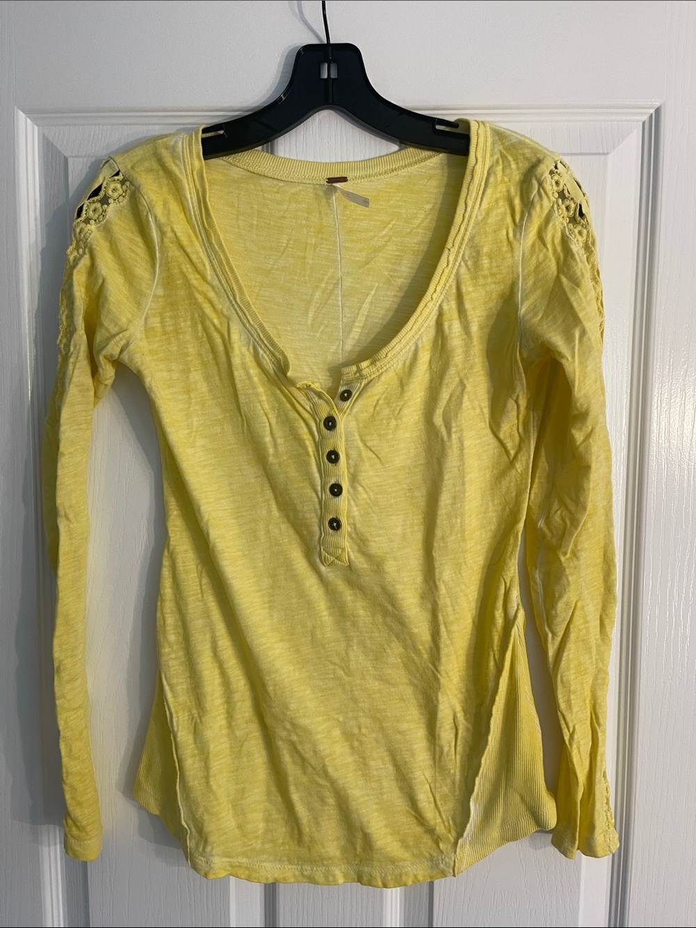 Free People Yellow Lace-Shoulder Henley Long Sleeve Top